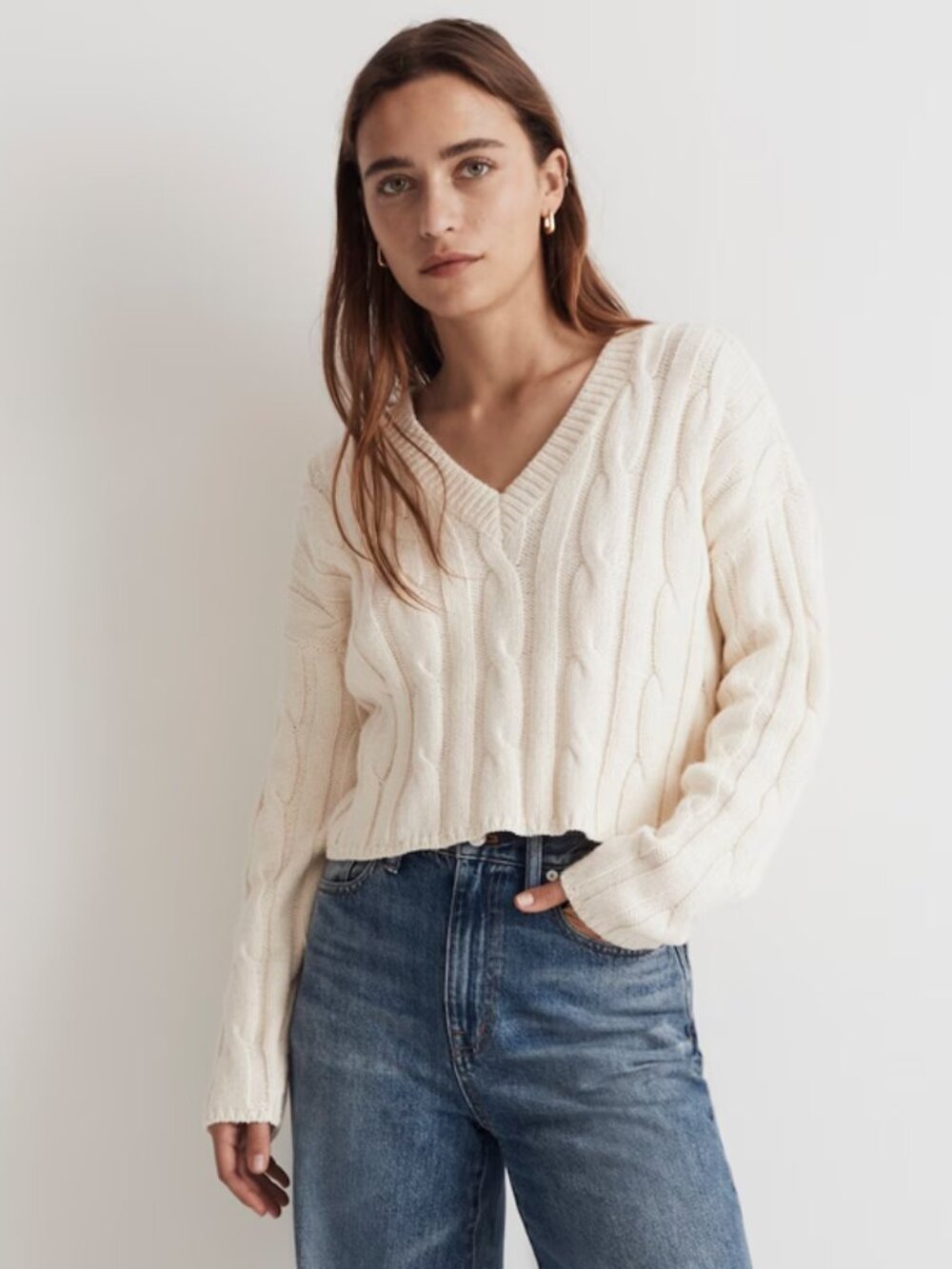 Madewell Cream Cable Knit V-Neck Sweater